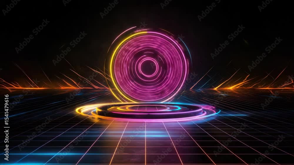 Poster a glowing neon ring hovers above a futuristic platform with vibrant light trails and a digital grid 