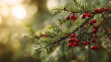Close-up of Christmas tree branches with red berries, evoking festive warmth and natural holiday charm.
