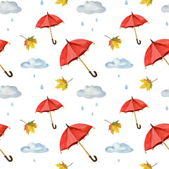 Beautiful autumn rainy seamless pattern on white background. Red umbrellas and clouds. Rain and autumn leaves.
