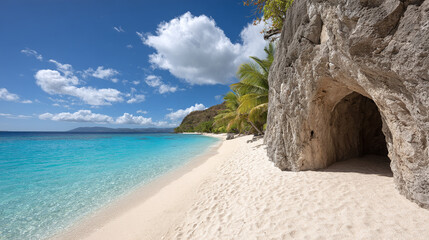 Tropical Beach Cave Entrance, Turquoise Water, White Sand