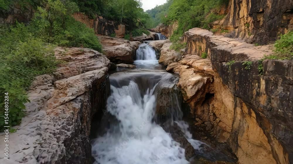 Poster a cascading waterfall flows through rocky cliffs surrounded by lush green vegetation.
