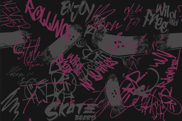 graffity sakate slogan, real skateboarder, art tees, Street art graffiti seamless pattern, skater abstract seamless grunge pattern. Urban style with skateboards and graffiti words.eps8