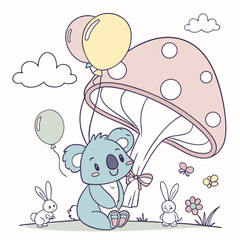 Cheerful expression on a Blue koala in a Soft pastel theme, with under a mushroom – Soft Pastel vector art