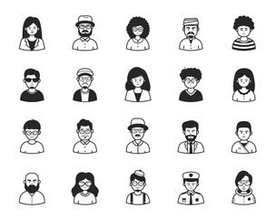 Portraits of people black color outline. Vector pictures of persons of different occupation and genders.	
