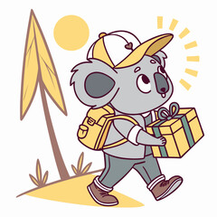 Whimsical Blue koala feeling Shy in a Forest adventure setting with carrying a gift box – colored in Evergreen Trails