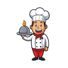 Cartoon Chef Holding a Silver Platter with a Flame Wearing a White Uniform and Red Pants Isolated on a White Background Vector Illustration