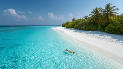 Woman Floating in Crystal Clear Turquoise Water, Tropical Beach Paradise