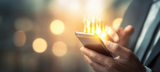 The smartphone displaying glowing financial growth elements in a business setting.