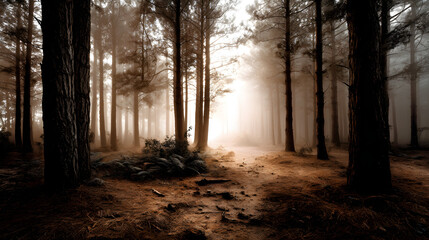 Fototapeta premium A surreal sepia-toned pine forest in the mist, with an ethereal and calming light, creating a nostalgic vintage atmosphere.