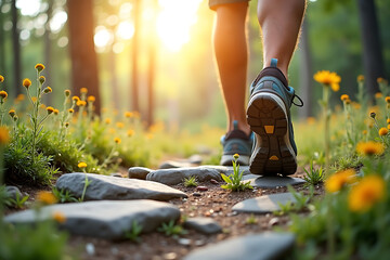 Jogging on a gravel path with blooming wildflowers and sunlit forest light. AI-generated