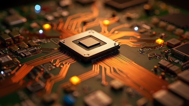 Closeup view of a central processing unit C P U microchip on a circuit board with orange copper traces and green substrate illuminated with warm light showing intricate details of electronic