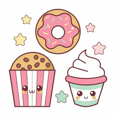 Kawaii Style Sweet Treats Illustration with a Donut a Chocolate Chip Muffin and a Cupcake with Stars on a White Background for Kids