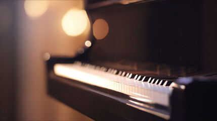 Grand piano on stage, keys softly lit, warm glow around. Elegance and artistry in a timeless moment.