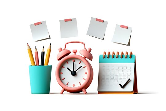 Pink alarm clock colored pencils teal pencil holder blank sticky notes desktop calendar checklist time management organization planning schedule reminder workspace efficiency productivity pastel