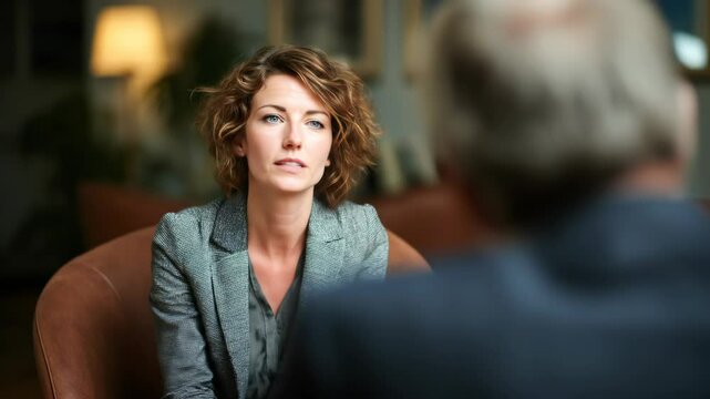 Thoughtful woman listening intently to unseen person in a professional setting. Business discussion, therapy or interview footage.