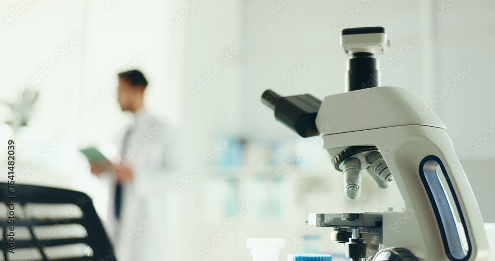 Poster science tools, microscope and technology in laboratory for research, innovation or experiment. perso