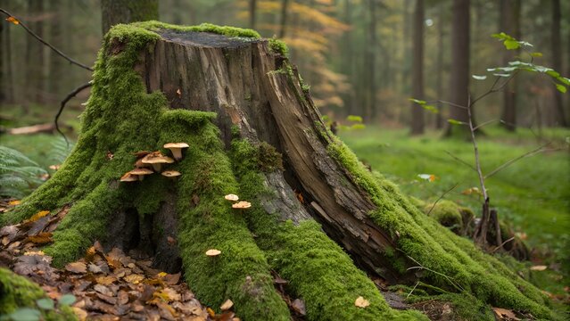Fototapeta Mossy tree stump with deeply furrowed bark, fungi and insect life visible, forest decay and rebirth