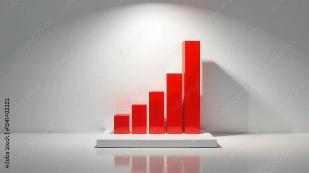 Poster a 3d red bar chart with five ascending columns stands on a white platform against a plain background