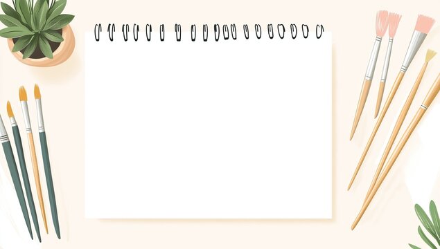 Blank spiral-bound notebook with paintbrushes and succulent