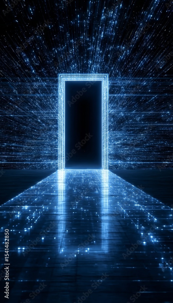 Poster futuristic digital portal with blue glowing lines representing a gateway to new dimensions