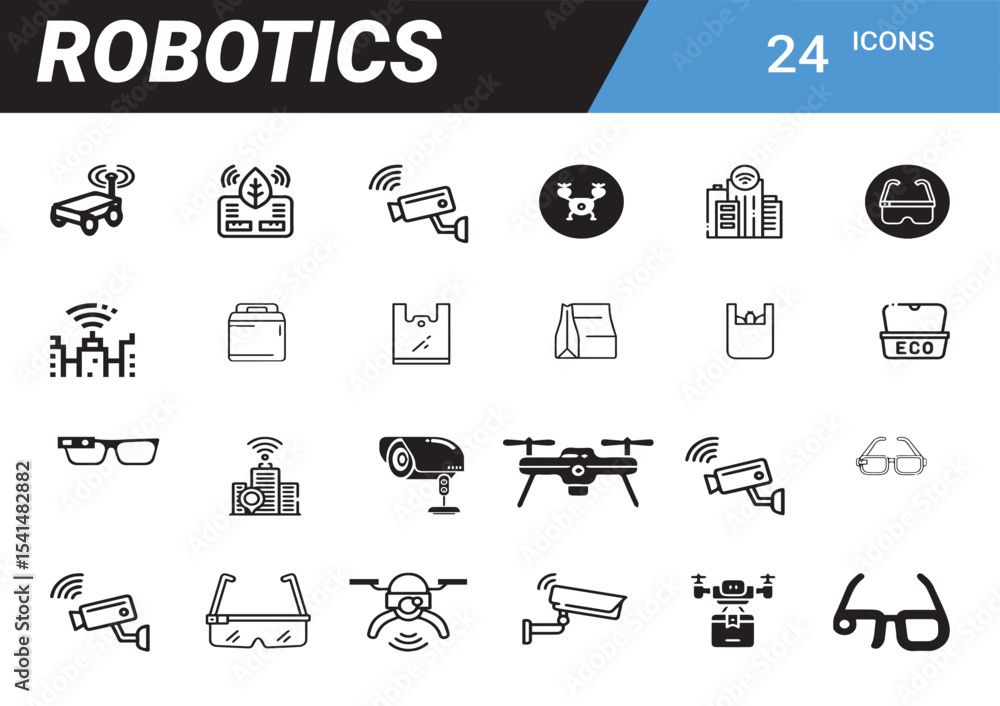 Poster robotics icons: a collection of intricately designed icons representing various facets of robotics a