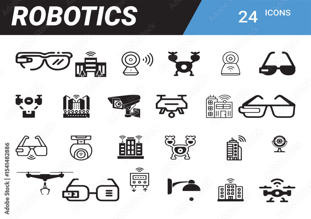 Poster robotics icon set: a collection of intricately designed black and white icons depicting various aspe