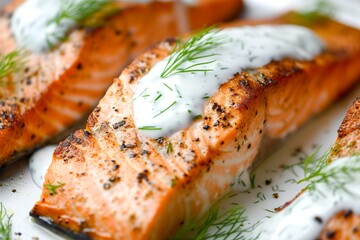 Grilled salmon with creamy dill sauce and fresh herbs on platter