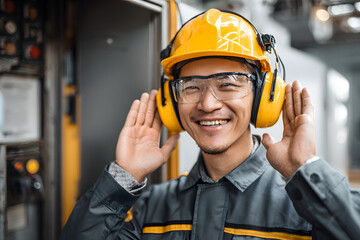 Smiling male construction worker wearing safety helmet, goggles, and headphones, standing in front of industrial machinery background. Ai generative