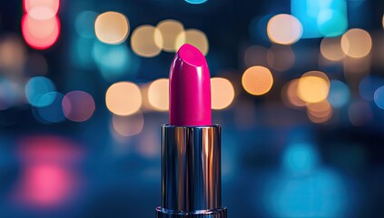 Close-up of a vibrant pink lipstick against a blurred city night bokeh