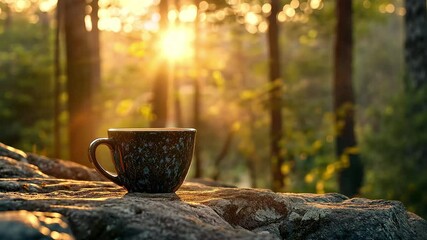 Morning coffee cup placed on rocky surface surrounded by trees at sunrise, Morning coffee cup on rocky surface in tranquil forest at sunrise Nature and relaxation concept