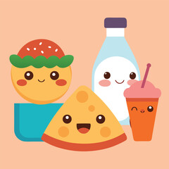 Cute Cartoon Food Characters with Smiling Faces Burger Cheese Milk and Drink Perfect for Children s Books Educational Materials or Fun Food Related Designs