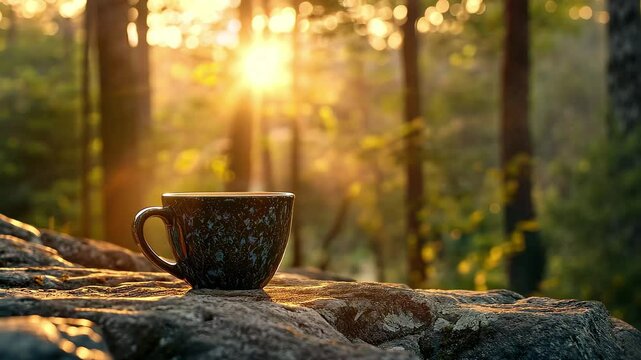 Morning coffee cup placed on rocky surface surrounded by trees at sunrise, Morning coffee cup on rocky surface in tranquil forest at sunrise Nature and relaxation concept
