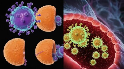 A split-screen 3D animation shows viral infection diagrams and a close-up of viruses replicating and mutating inside a host cell or vessel - Powered by Adobe