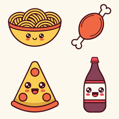 Cute Cartoon Food Icons Featuring Spaghetti Fried Chicken Pizza Slice and a Bottle of Soda on a Light Tan Background in a Simple Vector Style
