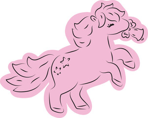 Cute happy little pony joyfully ringing a christmas bell, side view, drawn with simple black curved lines and casually colored in pink