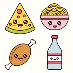 Cute Kawaii Food Set with Pizza Slice Bowl of Spaghetti Fried Chicken Leg and Bottle of Water Isolated on a Cream Background Vector Illustration