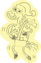 Funny smiling grinning horse in a Christmas hat holding a big gift box with a bow and looking at the camera, drawn with simple black curved lines and casually colored in yellow