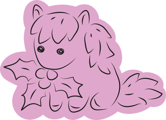 A cute little pony sitting and holding a Christmas holly in her mouth, drawn with simple black curved lines and casually colored in purple