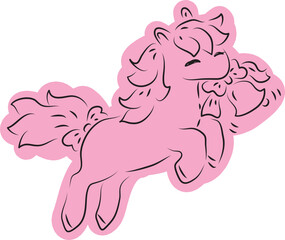 Cute happy little pony jumping happily and ringing a Christmas bell, drawn with simple black curved lines and casually colored in pink