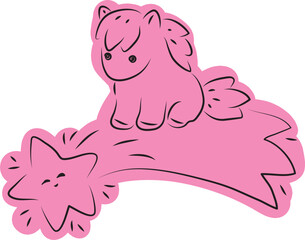A cute little pony sitting on the tail of a shooting star, drawn with simple black curved lines and casually colored in pink
