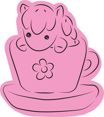 A cute little pony sits in a big cup on a saucer and looks at the camera, drawn with simple black curved lines and casually colored in pink