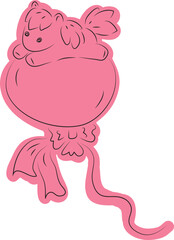 Cute little pony lying on a big flying party balloon, drawn with simple black curved lines and casually colored in pink