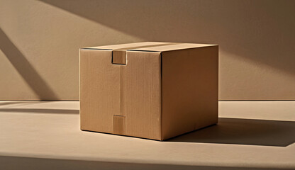 Single beige shipping box placed off-center on a vast neutral background