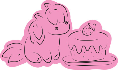 Cute little pony sitting and looking at birthday cake with strawberries drawn with simple black curved lines and casually colored in pink