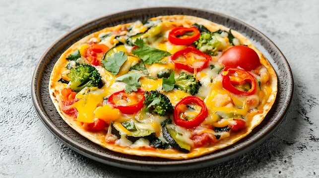 Mexican tortilla quesadilla with vegetables and cheese in plate on light gray background