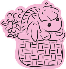 Cute little pony sitting in a big basket with flowers, drawn with simple black curved lines and casually colored in pink