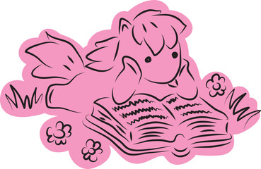 A cute little pony lying on the grass and enthusiastically reading a book, drawn with simple black curved lines and casually colored in pink