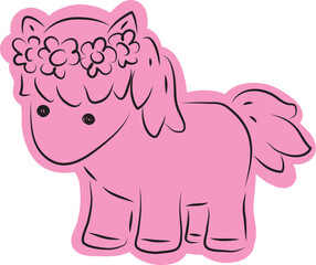 A cute little pony with a flower crown on her head stands tall, drawn with simple black curved lines and casually colored in pink
