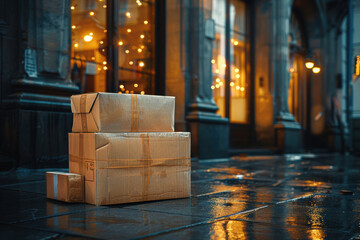 Urban Delivery Scene with Cardboard Packages in Professional Setting during Evening