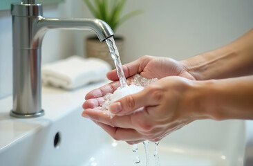Human hands washing under faucet in bright bathroom